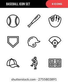 Outline Simple Baseball Sport Game Element Icon Set Illustration