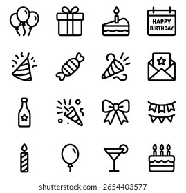 Outline Simple Birthday Celebration Party Event Icon Set