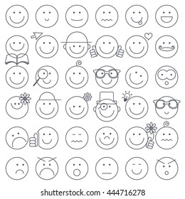 Outline Simple Circle Faces Set. Vector Icons Isolated on White Background.
