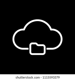 outline simple cloud and folder. linear symbol with thin outline. White icon on black background. Inversion
