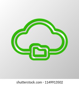 outline simple cloud and folder. linear symbol with thin outline. Paper style. Cut symbol with green bold contour on shape and simple shadow