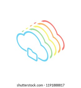 outline simple cloud and folder. linear symbol with thin outline. Stack of colorful isometric icons on white background