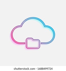 outline simple cloud and folder. linear symbol with thin outline. Technology logo with diagonal lines and colored gradient. Neon graphic, light effect. Blue and red colors