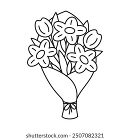 outline simple flowers bouquet isolated on white background, composition for prints of postcards, gift, birthday or any holiday