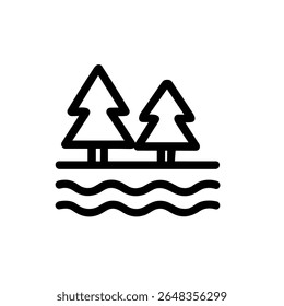 Outline Simple Forest Tree Icon with River Landscape Line Drawing