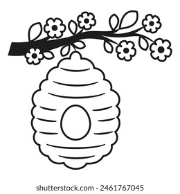 outline simple illustration of beehive on branch