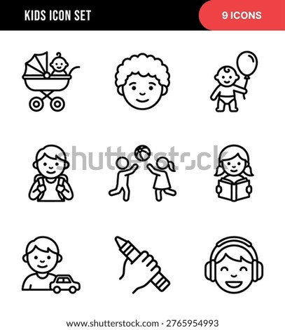 Outline Simple Kids Icon Set with Playing and Learning Elements