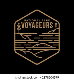 Outline simple logo of Voyageurs National Park Emblem patch on dark background.