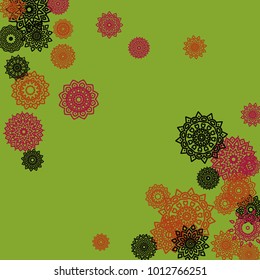 Outline Simple Mandalas. Ethnic Pattern for Card, Banner, Poster. Aztec or Mexican Medallions on Black Background. Cute Tribal Motif in Bright Colors