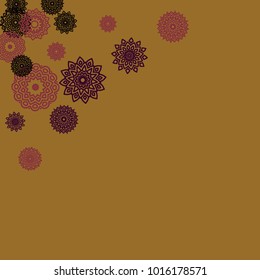 Outline Simple Mandalas. Ethnic Pattern for Card, Banner, Poster. Aztec or Mexican Medallions on Black Background. Cute Tribal Motif in Bright Colors