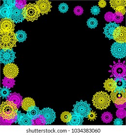 Outline Simple Mandalas. Ethnic Pattern for Card, Banner, Poster. Aztec or Mexican Medallions on Black Background. Cute Tribal Motif in Bright Colors