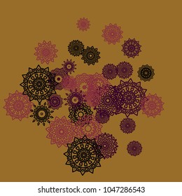 Outline Simple Mandalas. Ethnic Pattern for Card, Banner, Poster. Aztec or Mexican Medallions on Black Background. Cute Tribal Motif in Bright Colors