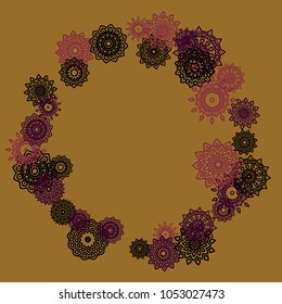 Outline Simple Mandalas. Ethnic Pattern for Card, Banner, Poster. Aztec or Mexican Medallions on Black Background. Cute Tribal Motif in Bright Colors