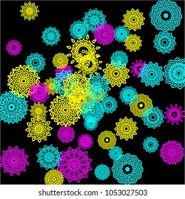 Outline Simple Mandalas. Ethnic Pattern for Card, Banner, Poster. Aztec or Mexican Medallions on Black Background. Cute Tribal Motif in Bright Colors