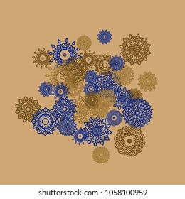 Outline Simple Mandalas. Ethnic Pattern for Card, Banner, Poster. Aztec or Mexican Medallions on Black Background. Cute Tribal Motif in Bright Colors