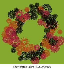Outline Simple Mandalas. Ethnic Pattern for Card, Banner, Poster. Aztec or Mexican Medallions on Black Background. Cute Tribal Motif in Bright Colors
