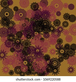 Outline Simple Mandalas. Ethnic Pattern for Card, Banner, Poster. Aztec or Mexican Medallions on Black Background. Cute Tribal Motif in Bright Colors