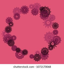 Outline Simple Mandalas. Ethnic Pattern for Card, Banner, Poster. Aztec or Mexican Medallions on Black Background. Cute Tribal Motif in Bright Colors