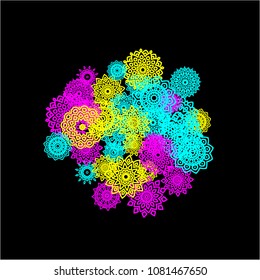 Outline Simple Mandalas. Ethnic Pattern for Card, Banner, Poster. Aztec or Mexican Medallions on Black Background. Cute Tribal Motif in Bright Colors
