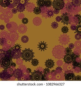 Outline Simple Mandalas. Ethnic Pattern for Card, Banner, Poster. Aztec or Mexican Medallions on Black Background. Cute Tribal Motif in Bright Colors