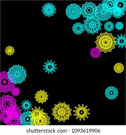 Outline Simple Mandalas. Ethnic Pattern for Card, Banner, Poster. Aztec or Mexican Medallions on Black Background. Cute Tribal Motif in Bright Colors