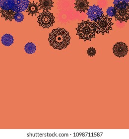 Outline Simple Mandalas. Ethnic Pattern for Card, Banner, Poster. Aztec or Mexican Medallions on Black Background. Cute Tribal Motif in Bright Colors