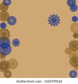 Outline Simple Mandalas. Ethnic Pattern for Card, Banner, Poster. Aztec or Mexican Medallions on Black Background. Cute Tribal Motif in Bright Colors