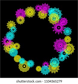 Outline Simple Mandalas. Ethnic Pattern for Card, Banner, Poster. Aztec or Mexican Medallions on Black Background. Cute Tribal Motif in Bright Colors