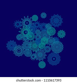 Outline Simple Mandalas. Ethnic Pattern for Card, Banner, Poster. Aztec or Mexican Medallions on Black Background. Cute Tribal Motif in Bright Colors