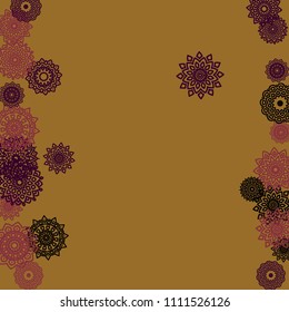 Outline Simple Mandalas. Ethnic Pattern for Card, Banner, Poster. Aztec or Mexican Medallions on Black Background. Cute Tribal Motif in Bright Colors