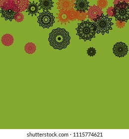 Outline Simple Mandalas. Ethnic Pattern for Card, Banner, Poster. Aztec or Mexican Medallions on Black Background. Cute Tribal Motif in Bright Colors