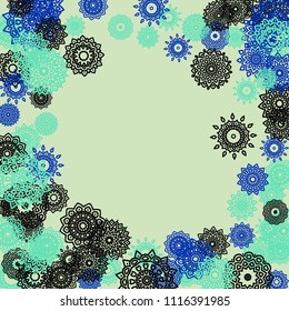 Outline Simple Mandalas. Ethnic Pattern for Card, Banner, Poster. Aztec or Mexican Medallions on Black Background. Cute Tribal Motif in Bright Colors
