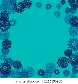 Outline Simple Mandalas. Ethnic Pattern for Card, Banner, Poster. Aztec or Mexican Medallions on Black Background. Cute Tribal Motif in Bright Colors