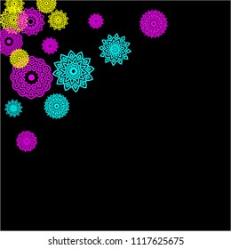 Outline Simple Mandalas. Ethnic Pattern for Card, Banner, Poster. Aztec or Mexican Medallions on Black Background. Cute Tribal Motif in Bright Colors