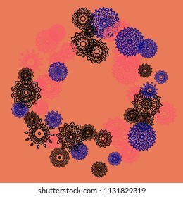 Outline Simple Mandalas. Ethnic Pattern for Card, Banner, Poster. Aztec or Mexican Medallions on Black Background. Cute Tribal Motif in Bright Colors