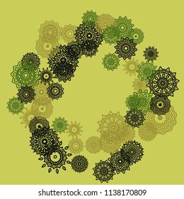 Outline Simple Mandalas. Ethnic Pattern for Card, Banner, Poster. Aztec or Mexican Medallions on Black Background. Cute Tribal Motif in Bright Colors