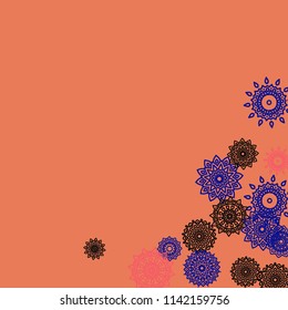 Outline Simple Mandalas. Ethnic Pattern for Card, Banner, Poster. Aztec or Mexican Medallions on Black Background. Cute Tribal Motif in Bright Colors