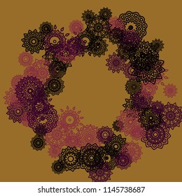 Outline Simple Mandalas. Ethnic Pattern for Card, Banner, Poster. Aztec or Mexican Medallions on Black Background. Cute Tribal Motif in Bright Colors