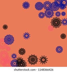 Outline Simple Mandalas. Ethnic Pattern for Card, Banner, Poster. Aztec or Mexican Medallions on Black Background. Cute Tribal Motif in Bright Colors