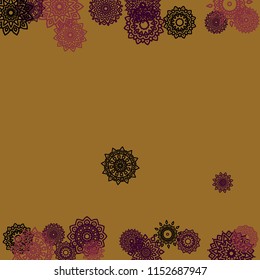 Outline Simple Mandalas. Ethnic Pattern for Card, Banner, Poster. Aztec or Mexican Medallions on Black Background. Cute Tribal Motif in Bright Colors