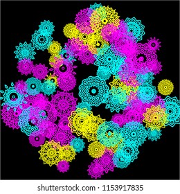 Outline Simple Mandalas. Ethnic Pattern for Card, Banner, Poster. Aztec or Mexican Medallions on Black Background. Cute Tribal Motif in Bright Colors
