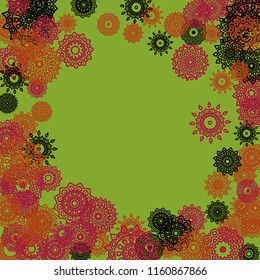 Outline Simple Mandalas. Ethnic Pattern for Card, Banner, Poster. Aztec or Mexican Medallions on Black Background. Cute Tribal Motif in Bright Colors