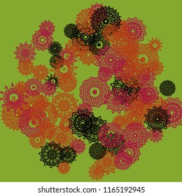 Outline Simple Mandalas. Ethnic Pattern for Card, Banner, Poster. Aztec or Mexican Medallions on Black Background. Cute Tribal Motif in Bright Colors