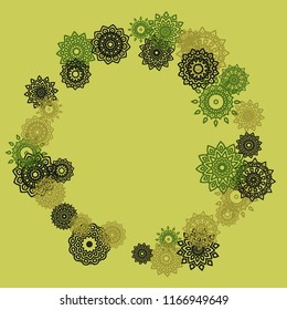 Outline Simple Mandalas. Ethnic Pattern for Card, Banner, Poster. Aztec or Mexican Medallions on Black Background. Cute Tribal Motif in Bright Colors