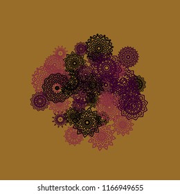 Outline Simple Mandalas. Ethnic Pattern for Card, Banner, Poster. Aztec or Mexican Medallions on Black Background. Cute Tribal Motif in Bright Colors