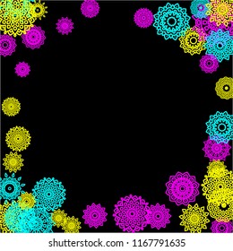 Outline Simple Mandalas. Ethnic Pattern for Card, Banner, Poster. Aztec or Mexican Medallions on Black Background. Cute Tribal Motif in Bright Colors
