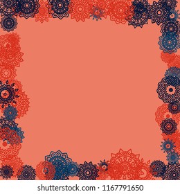 Outline Simple Mandalas. Ethnic Pattern for Card, Banner, Poster. Aztec or Mexican Medallions on Black Background. Cute Tribal Motif in Bright Colors
