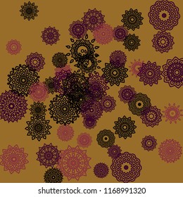 Outline Simple Mandalas. Ethnic Pattern for Card, Banner, Poster. Aztec or Mexican Medallions on Black Background. Cute Tribal Motif in Bright Colors