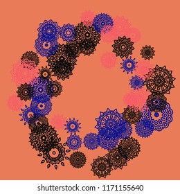 Outline Simple Mandalas. Ethnic Pattern for Card, Banner, Poster. Aztec or Mexican Medallions on Black Background. Cute Tribal Motif in Bright Colors