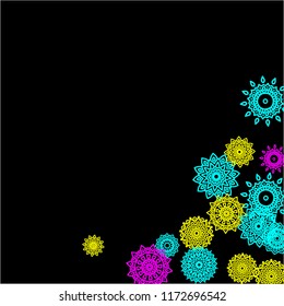 Outline Simple Mandalas. Ethnic Pattern for Card, Banner, Poster. Aztec or Mexican Medallions on Black Background. Cute Tribal Motif in Bright Colors